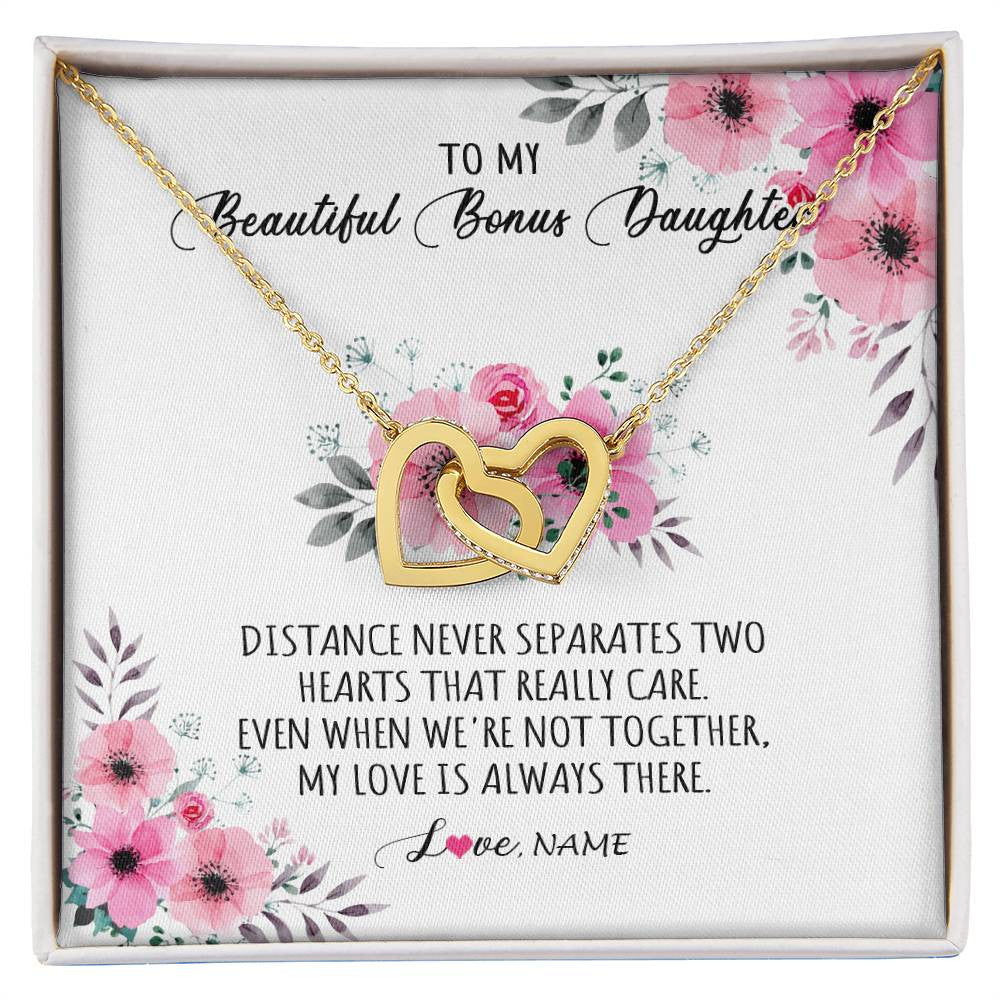 Interlocking Hearts Necklace 18K Yellow Gold Finish | Personalized To My Bonus Daughter Necklace From Stepmom My Love Is Always There Stepdaughter Birthday Graduation Christmas Customized Gift Box Message Card | teecentury
