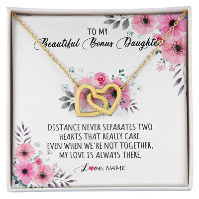 Interlocking Hearts Necklace 18K Yellow Gold Finish | Personalized To My Bonus Daughter Necklace From Stepmom My Love Is Always There Stepdaughter Birthday Graduation Christmas Customized Gift Box Message Card | teecentury
