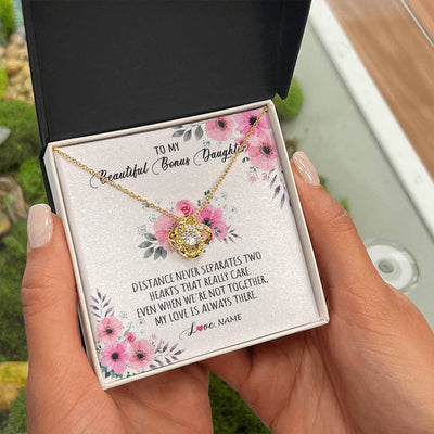 Love Knot Necklace 18K Yellow Gold Finish | Personalized To My Bonus Daughter Necklace From Stepmom My Love Is Always There Stepdaughter Birthday Graduation Christmas Customized Gift Box Message Card | teecentury