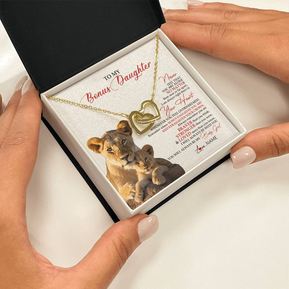Interlocking Hearts Necklace 18K Yellow Gold Finish | 2 | Personalized To My Bonus Daughter Necklace From Stepmom Never Feel You Are Alone Lion Stepdaughter Birthday Christmas Customized Gift Box Message Card.jpg | teecentury