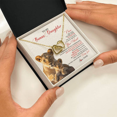 Interlocking Hearts Necklace 18K Yellow Gold Finish | 2 | Personalized To My Bonus Daughter Necklace From Stepmom Never Feel You Are Alone Lion Stepdaughter Birthday Christmas Customized Gift Box Message Card.jpg | teecentury