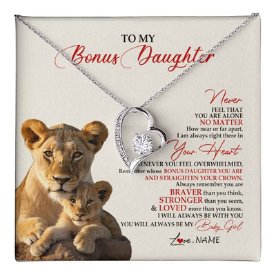 Forever Love Necklace 14K White Gold Finish | 1 | Personalized To My Bonus Daughter Necklace From Stepmom Never Feel You Are Alone Lion Stepdaughter Birthday Christmas Customized Gift Box Message Card | teecentury