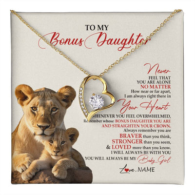 Forever Love Necklace 18K Yellow Gold Finish | 1 | Personalized To My Bonus Daughter Necklace From Stepmom Never Feel You Are Alone Lion Stepdaughter Birthday Christmas Customized Gift Box Message Card | teecentury