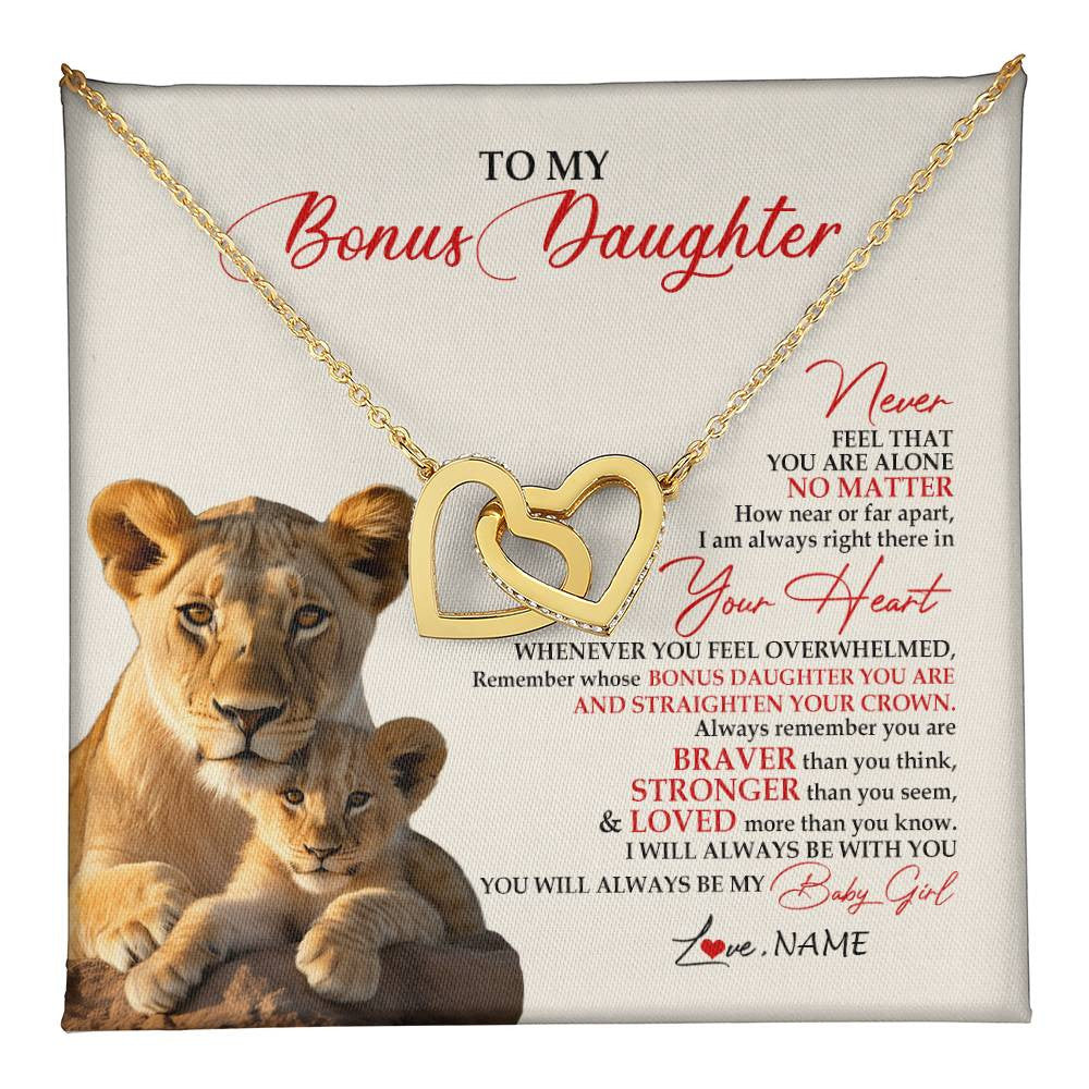 Interlocking Hearts Necklace 18K Yellow Gold Finish | 1 | Personalized To My Bonus Daughter Necklace From Stepmom Never Feel You Are Alone Lion Stepdaughter Birthday Christmas Customized Gift Box Message Card | teecentury