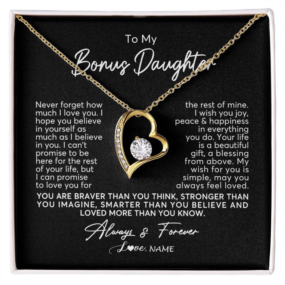 Forever Love Necklace 18K Yellow Gold Finish | Personalized To My Bonus Daughter Necklace From Stepmom Never Forget How Much I Love You Stepdaughter Birthday Christmas Customized Gift Box Message Card | teecentury