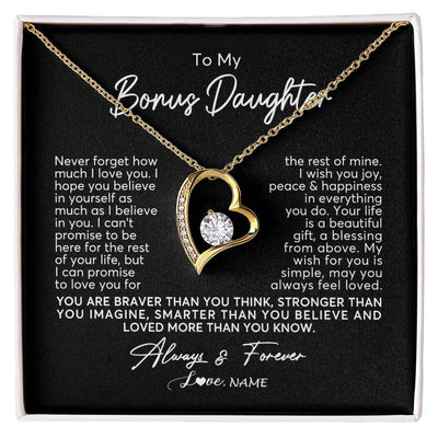 Forever Love Necklace 18K Yellow Gold Finish | Personalized To My Bonus Daughter Necklace From Stepmom Never Forget How Much I Love You Stepdaughter Birthday Christmas Customized Gift Box Message Card | teecentury