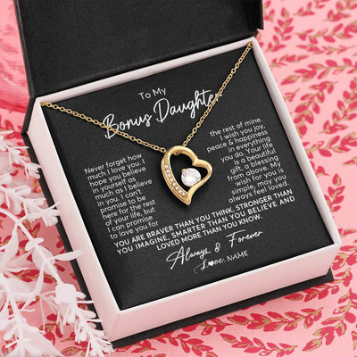 Forever Love Necklace 18K Yellow Gold Finish | Personalized To My Bonus Daughter Necklace From Stepmom Never Forget How Much I Love You Stepdaughter Birthday Christmas Customized Gift Box Message Card | teecentury