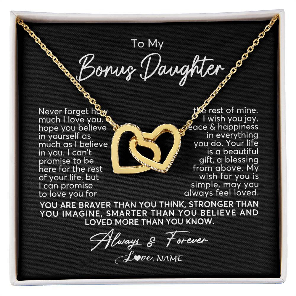 Interlocking Hearts Necklace 18K Yellow Gold Finish | Personalized To My Bonus Daughter Necklace From Stepmom Never Forget How Much I Love You Stepdaughter Birthday Christmas Customized Gift Box Message Card | teecentury
