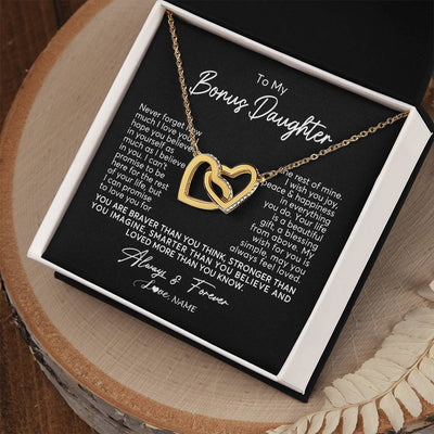 Interlocking Hearts Necklace 18K Yellow Gold Finish | Personalized To My Bonus Daughter Necklace From Stepmom Never Forget How Much I Love You Stepdaughter Birthday Christmas Customized Gift Box Message Card | teecentury