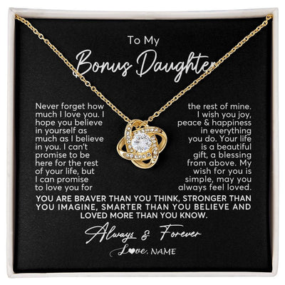 Love Knot Necklace 18K Yellow Gold Finish | Personalized To My Bonus Daughter Necklace From Stepmom Never Forget How Much I Love You Stepdaughter Birthday Christmas Customized Gift Box Message Card | teecentury