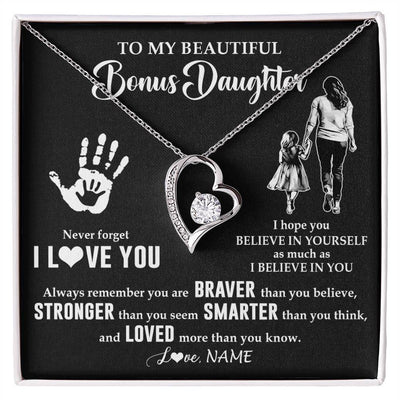 Forever Love Necklace 14K White Gold Finish | 1 | Personalized To My Bonus Daughter Necklace From Stepmom Never Forget I Love You Stepdaughter Birthday Christmas Graduation Customized Gift Box Message Card | teecentury