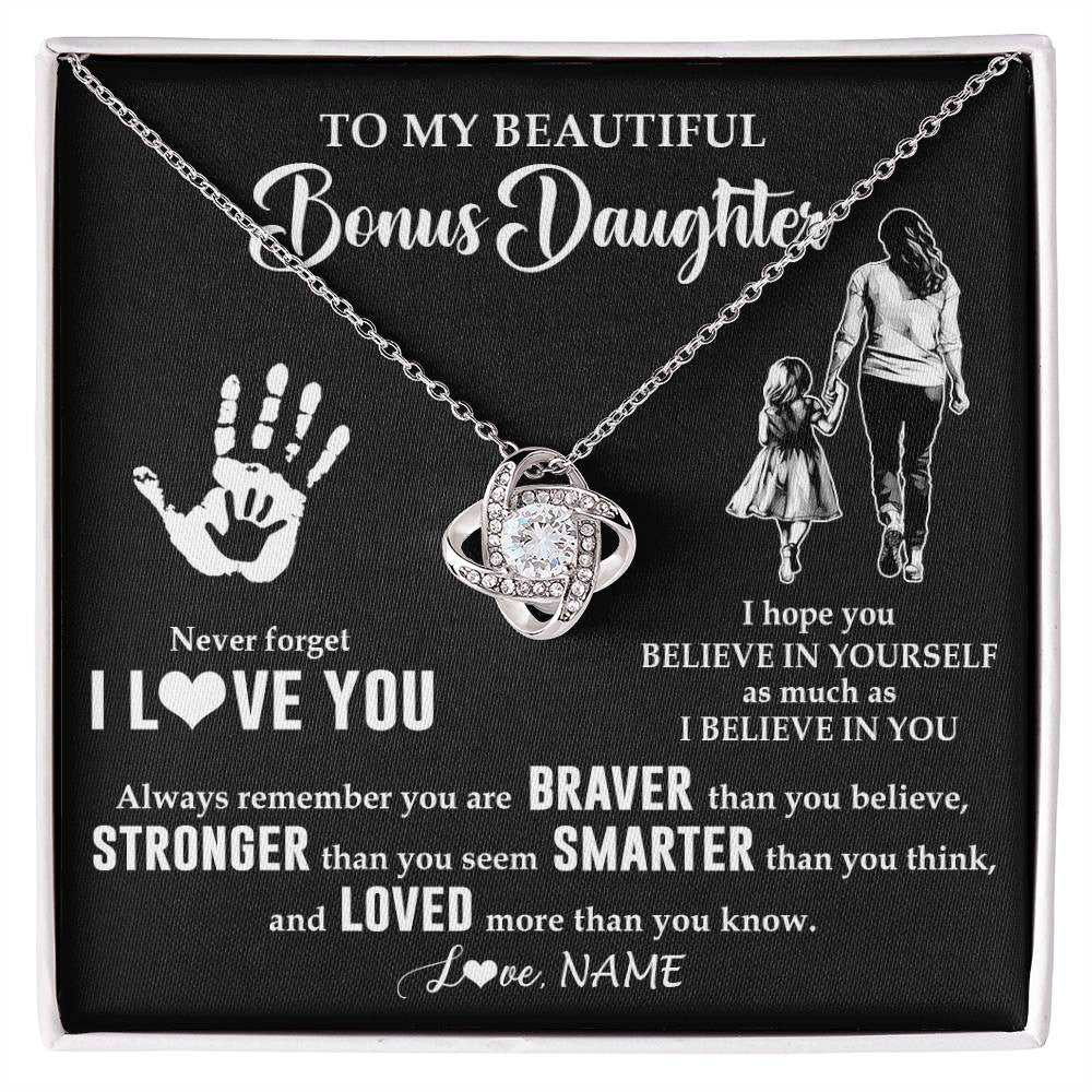 Love Knot Necklace 14K White Gold Finish | 1 | Personalized To My Bonus Daughter Necklace From Stepmom Never Forget I Love You Stepdaughter Birthday Christmas Graduation Customized Gift Box Message Card | teecentury