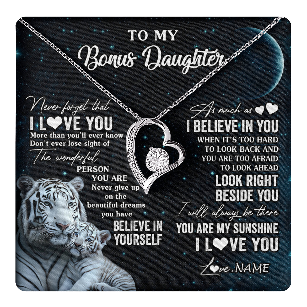 Forever Love Necklace 14K White Gold Finish | 1 | Personalized To My Bonus Daughter Necklace From Stepmom Never Forget I Love You White Tiger Stepdaughter Birthday Christmas Customized Gift Box Message Card | teecentury