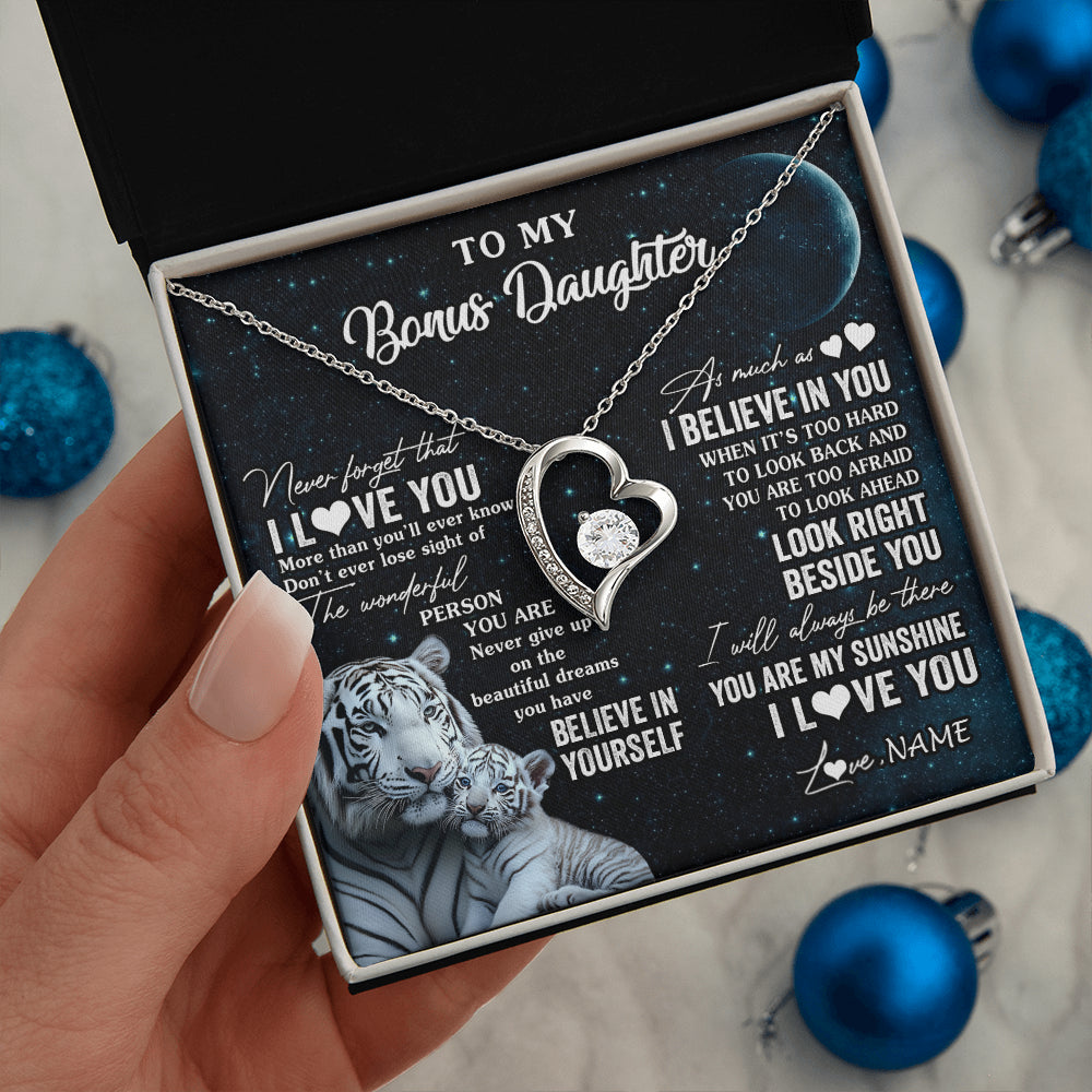 Forever Love Necklace 14K White Gold Finish | 2 | Personalized To My Bonus Daughter Necklace From Stepmom Never Forget I Love You White Tiger Stepdaughter Birthday Christmas Customized Gift Box Message Card | teecentury