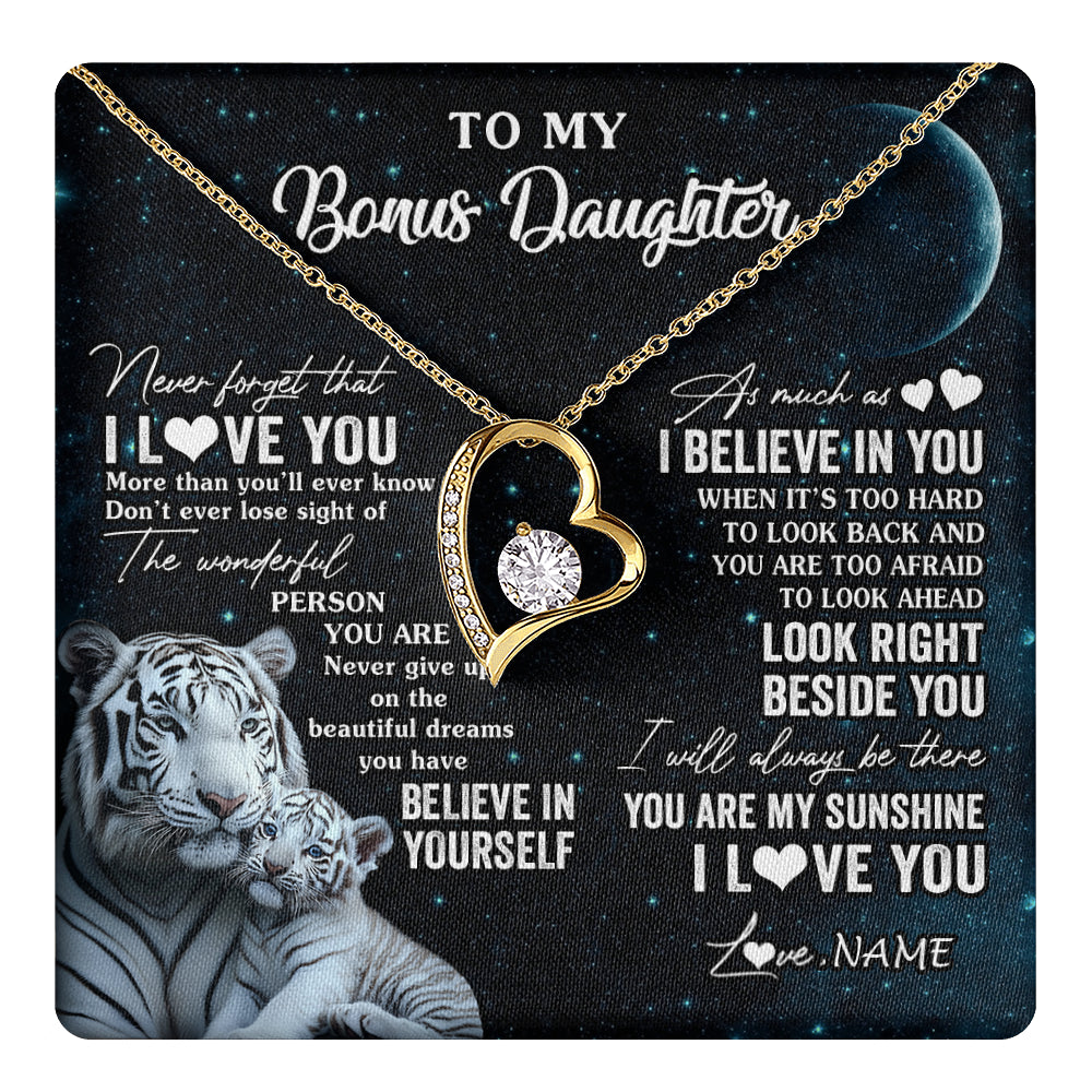 Forever Love Necklace 18K Yellow Gold Finish | 1 | Personalized To My Bonus Daughter Necklace From Stepmom Never Forget I Love You White Tiger Stepdaughter Birthday Christmas Customized Gift Box Message Card | teecentury
