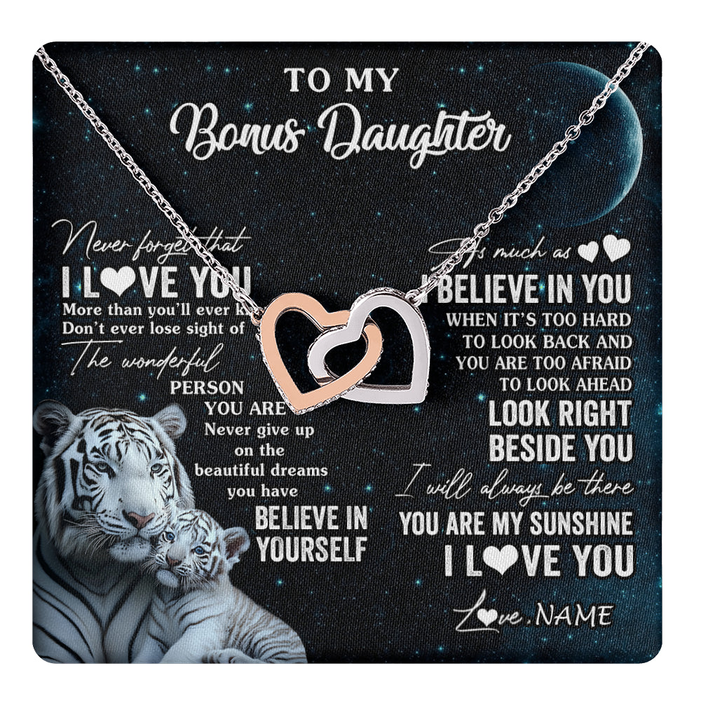 Interlocking Hearts Necklace Stainless Steel & Rose Gold Finish | 1 | Personalized To My Bonus Daughter Necklace From Stepmom Never Forget I Love You White Tiger Stepdaughter Birthday Christmas Customized Gift Box Message Card | teecentury