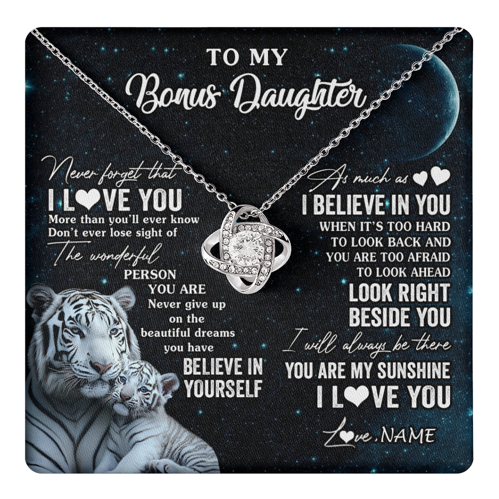 Love Knot Necklace 14K White Gold Finish | 1 | Personalized To My Bonus Daughter Necklace From Stepmom Never Forget I Love You White Tiger Stepdaughter Birthday Christmas Customized Gift Box Message Card | teecentury
