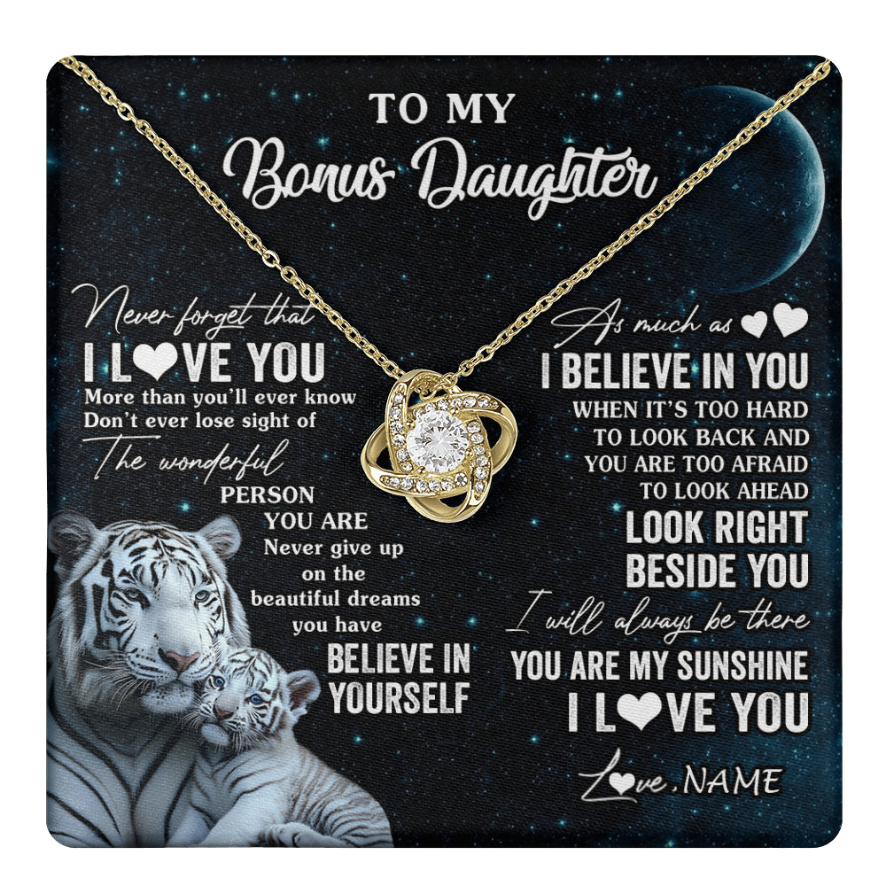 Love Knot Necklace 18K Yellow Gold Finish | 1 | Personalized To My Bonus Daughter Necklace From Stepmom Never Forget I Love You White Tiger Stepdaughter Birthday Christmas Customized Gift Box Message Card | teecentury
