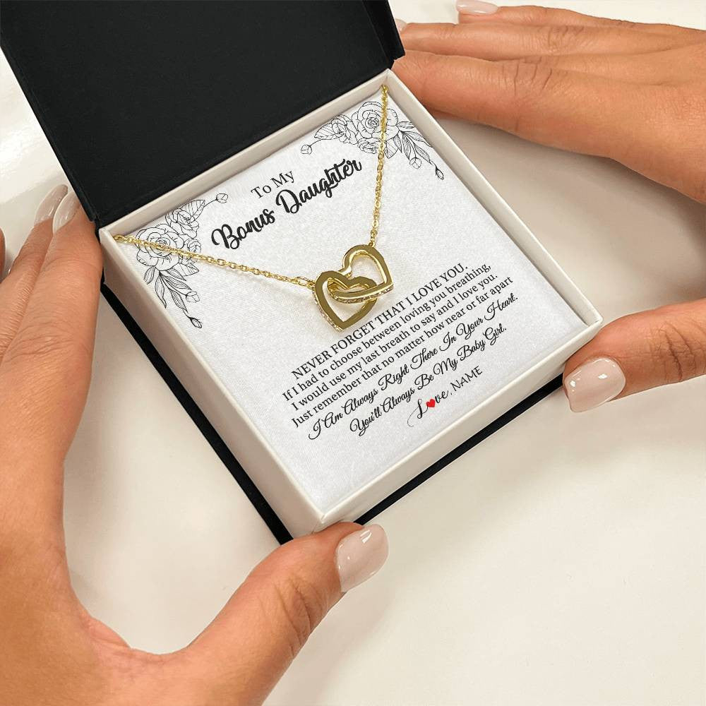 Interlocking Hearts Necklace 18K Yellow Gold Finish | 2 | Personalized To My Bonus Daughter Necklace From Stepmom Never Forget That I Love You Step Daughter Birthday Christmas Customized Gift Box Message Card | teecentury