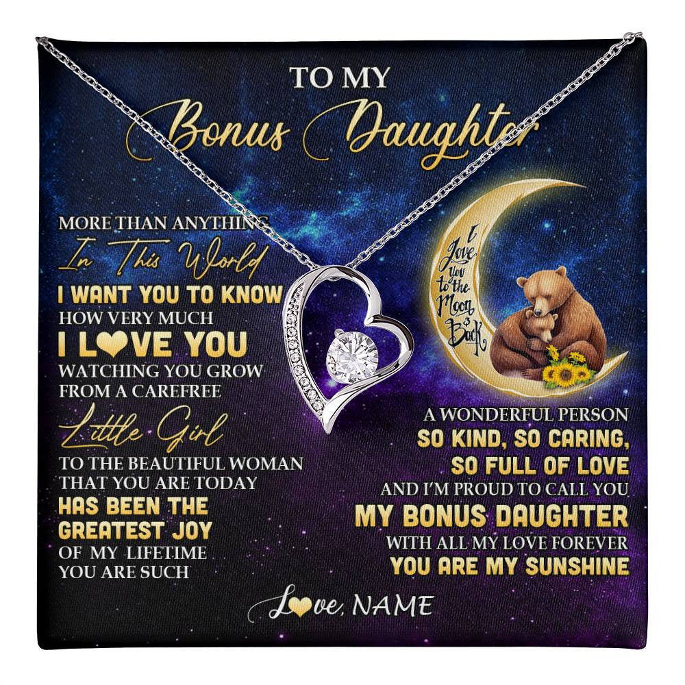 Forever Love Necklace 14K White Gold Finish | 1 | Personalized To My Bonus Daughter Necklace From Stepmom Positive Energy Encourage Brave Little Bear Birthday Gifts Christmas Customized Gift Box Message Card | teecentury