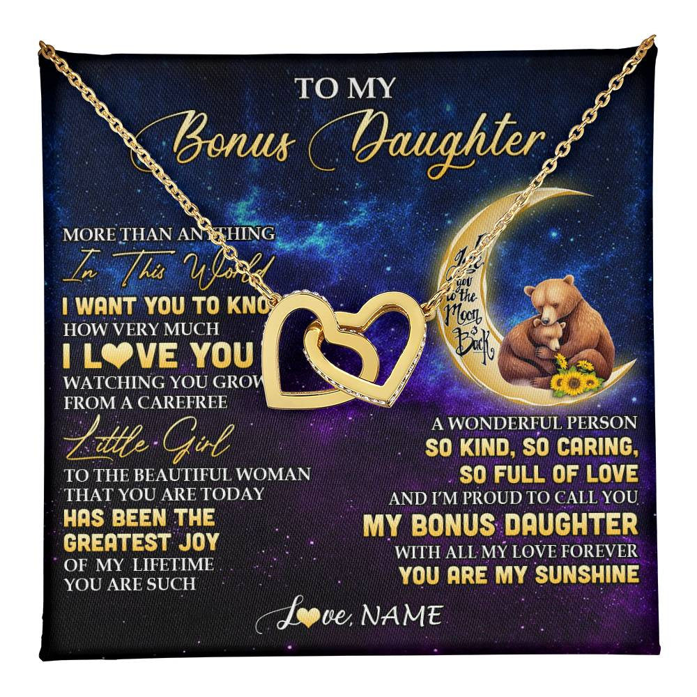 Interlocking Hearts Necklace 18K Yellow Gold Finish | 1 | Personalized To My Bonus Daughter Necklace From Stepmom Positive Energy Encourage Brave Little Bear Birthday Gifts Christmas Customized Gift Box Message Card | teecentury