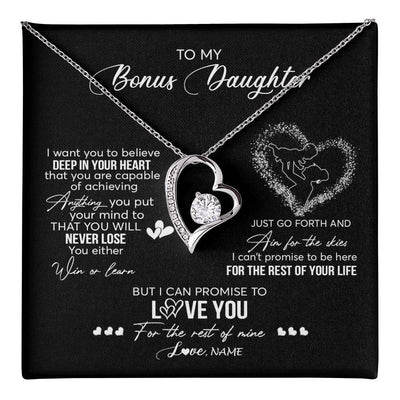 Forever Love Necklace 14K White Gold Finish | 1 | Personalized To My Bonus Daughter Necklace From Stepmom Promise To Love You Stepdaughter Birthday Christmas Pendant Customized Gift Box Message Card | teecentury