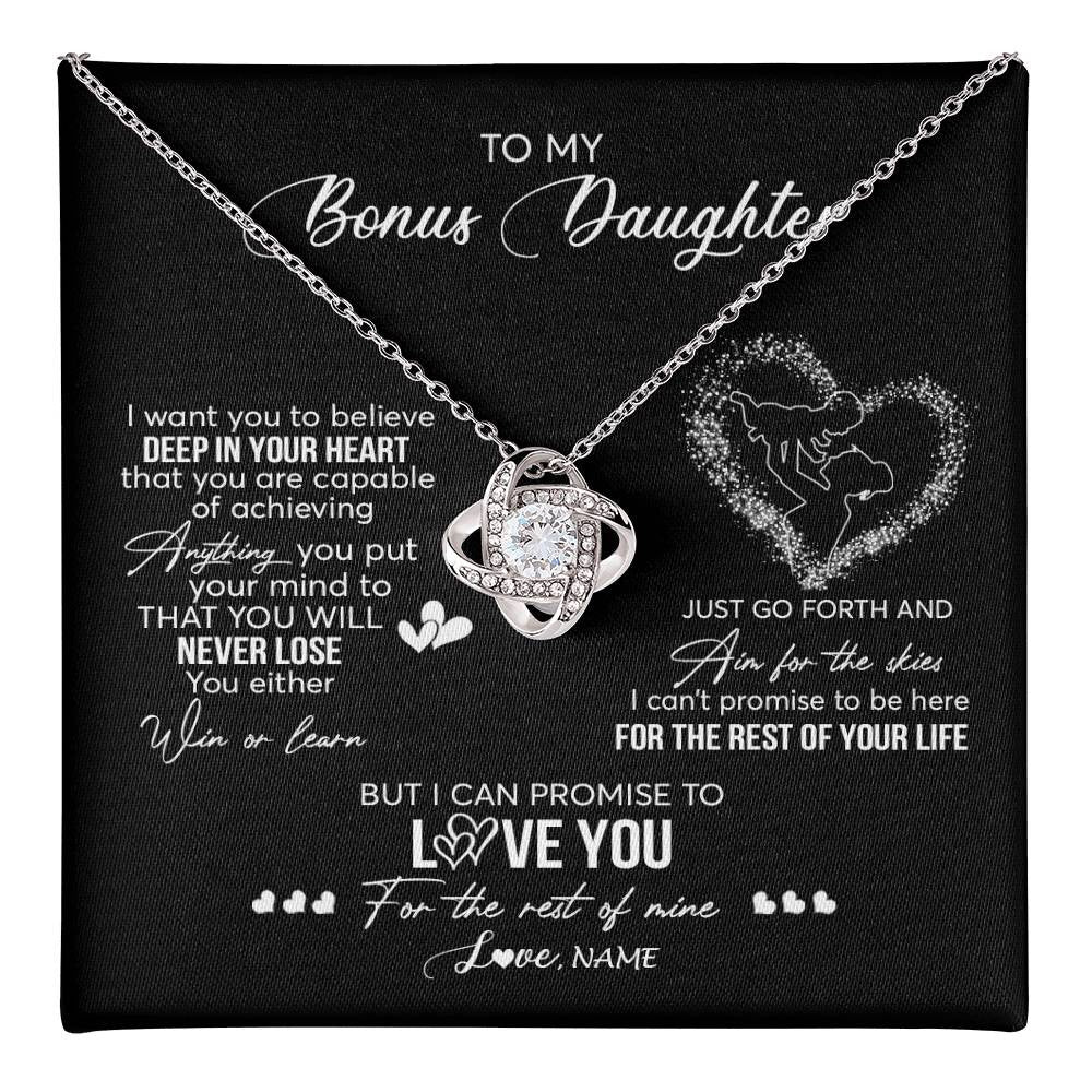 Love Knot Necklace 14K White Gold Finish | 1 | Personalized To My Bonus Daughter Necklace From Stepmom Promise To Love You Stepdaughter Birthday Christmas Pendant Customized Gift Box Message Card | teecentury