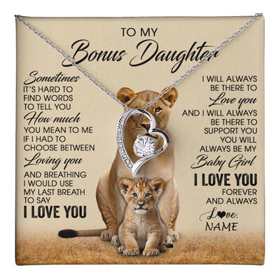 Forever Love Necklace 14K White Gold Finish | 1 | Personalized To My Bonus Daughter Necklace From Stepmom Sometimes It's Hard Lion Stepdaughter Gift Birthday Jewelry Christmas Customized Gift Box Message Card | teecentury