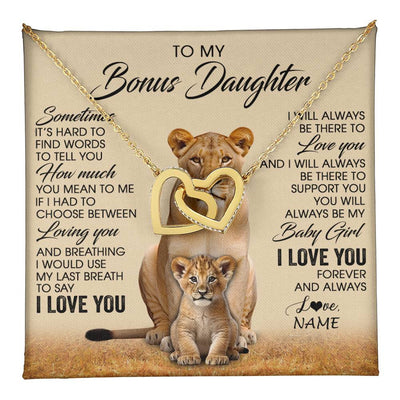 Interlocking Hearts Necklace 18K Yellow Gold Finish | 1 | Personalized To My Bonus Daughter Necklace From Stepmom Sometimes It's Hard Lion Stepdaughter Gift Birthday Jewelry Christmas Customized Gift Box Message Card | teecentury