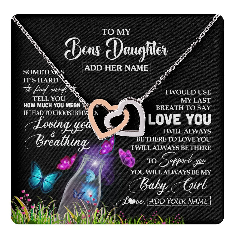Interlocking Hearts Necklace Stainless Steel & Rose Gold Finish | 1 | Personalized To My Bonus Daughter Necklace From Stepmom Stepdad Butterfly Sometimes Say I Love You Stepdaughter Birthday Christmas Gift Box Message Card | teecentury.myshopify