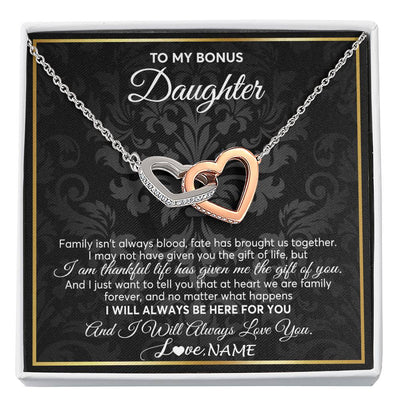 Interlocking Hearts Necklace Stainless Steel & Rose Gold Finish | Personalized To My Bonus Daughter Necklace From Stepmom Stepdad Father Family Forever Stepdaughter Birthday Christmas Jewelry Customized Gift Box Message Card | teecentury