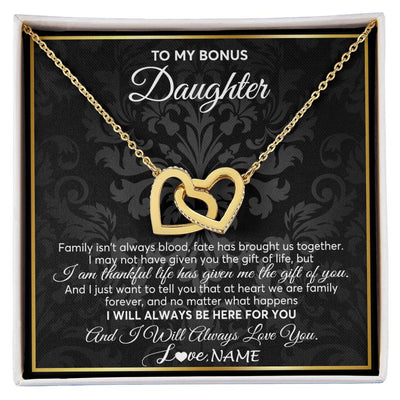 Interlocking Hearts Necklace 18K Yellow Gold Finish | Personalized To My Bonus Daughter Necklace From Stepmom Stepdad Father Family Forever Stepdaughter Birthday Christmas Jewelry Customized Gift Box Message Card | teecentury