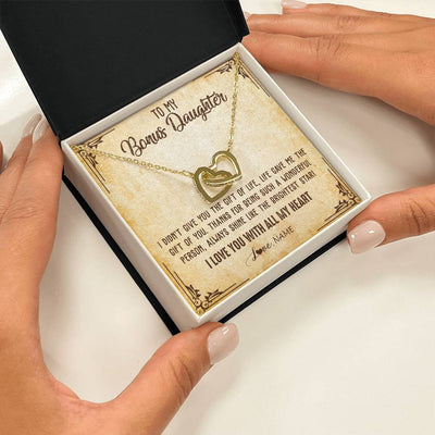 Interlocking Hearts Necklace 18K Yellow Gold Finish | 2 | Personalized To My Bonus Daughter Necklace From Stepmom Stepdad I Love You With All My Heart Stepdaughter Birthday Christmas Customized Gift Box Message Card | teecentury