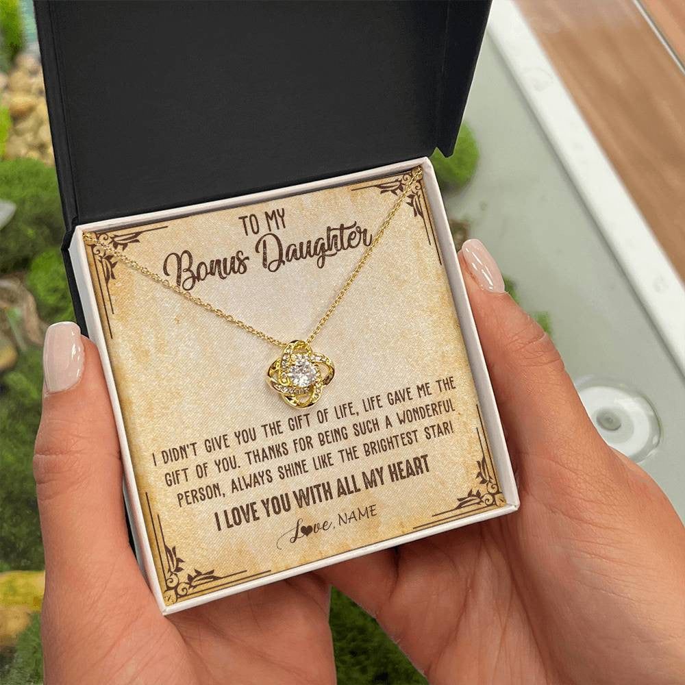 Love Knot Necklace 18K Yellow Gold Finish | 2 | Personalized To My Bonus Daughter Necklace From Stepmom Stepdad I Love You With All My Heart Stepdaughter Birthday Christmas Customized Gift Box Message Card | teecentury