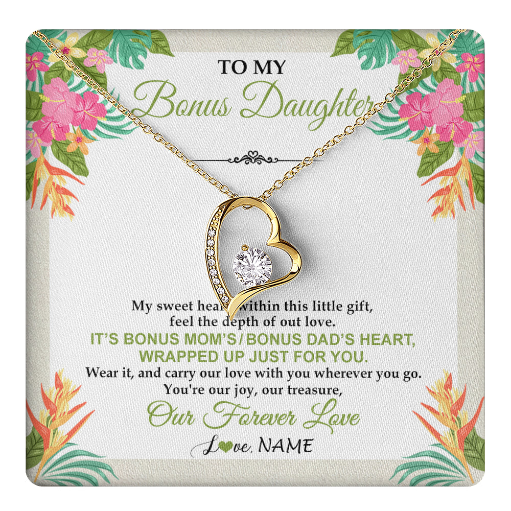 Forever Love Necklace 18K Yellow Gold Finish | 1 | Personalized To My Bonus Daughter Necklace From Stepmom Stepdad My Sweet Heart Birthday Gift For Stepddaughter Christmas Graduation Gift Box Message Card | teecentury
