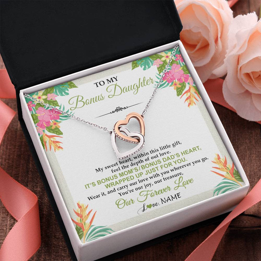 Interlocking Hearts Necklace Stainless Steel & Rose Gold Finish | 2 | Personalized To My Bonus Daughter Necklace From Stepmom Stepdad My Sweet Heart Birthday Gift For Stepddaughter Christmas Graduation Gift Box Message Card | teecentury