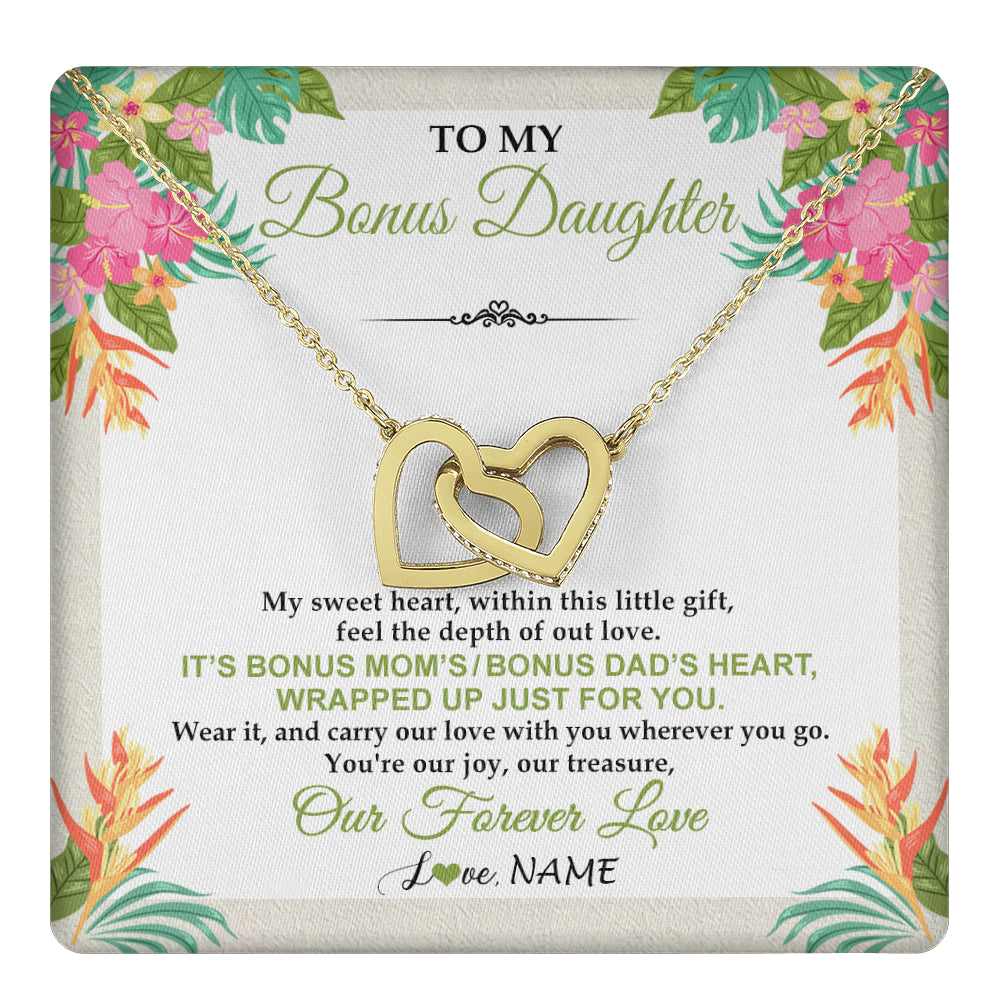 Interlocking Hearts Necklace 18K Yellow Gold Finish | 1 | Personalized To My Bonus Daughter Necklace From Stepmom Stepdad My Sweet Heart Birthday Gift For Stepddaughter Christmas Graduation Gift Box Message Card | teecentury