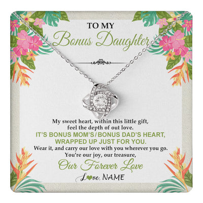 Love Knot Necklace 14K White Gold Finish | 1 | Personalized To My Bonus Daughter Necklace From Stepmom Stepdad My Sweet Heart Birthday Gift For Stepddaughter Christmas Graduation Gift Box Message Card | teecentury