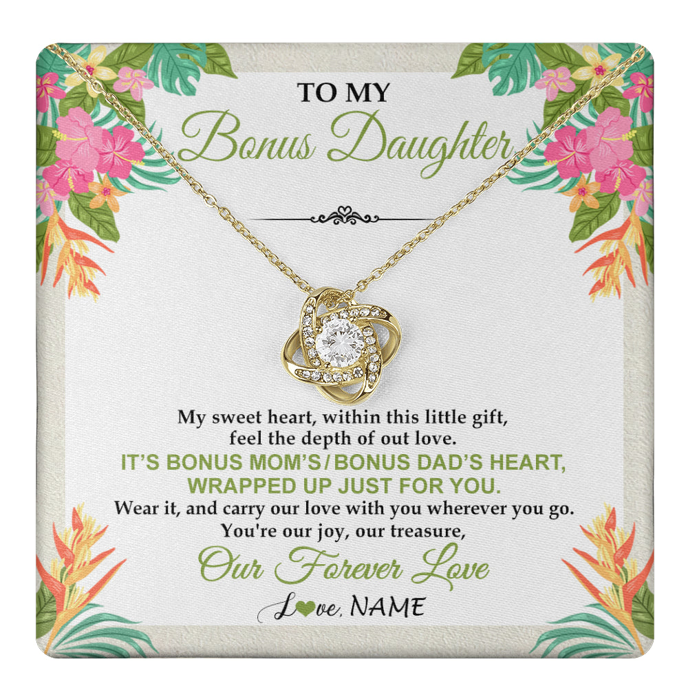 Love Knot Necklace 18K Yellow Gold Finish | 1 | Personalized To My Bonus Daughter Necklace From Stepmom Stepdad My Sweet Heart Birthday Gift For Stepddaughter Christmas Graduation Gift Box Message Card | teecentury