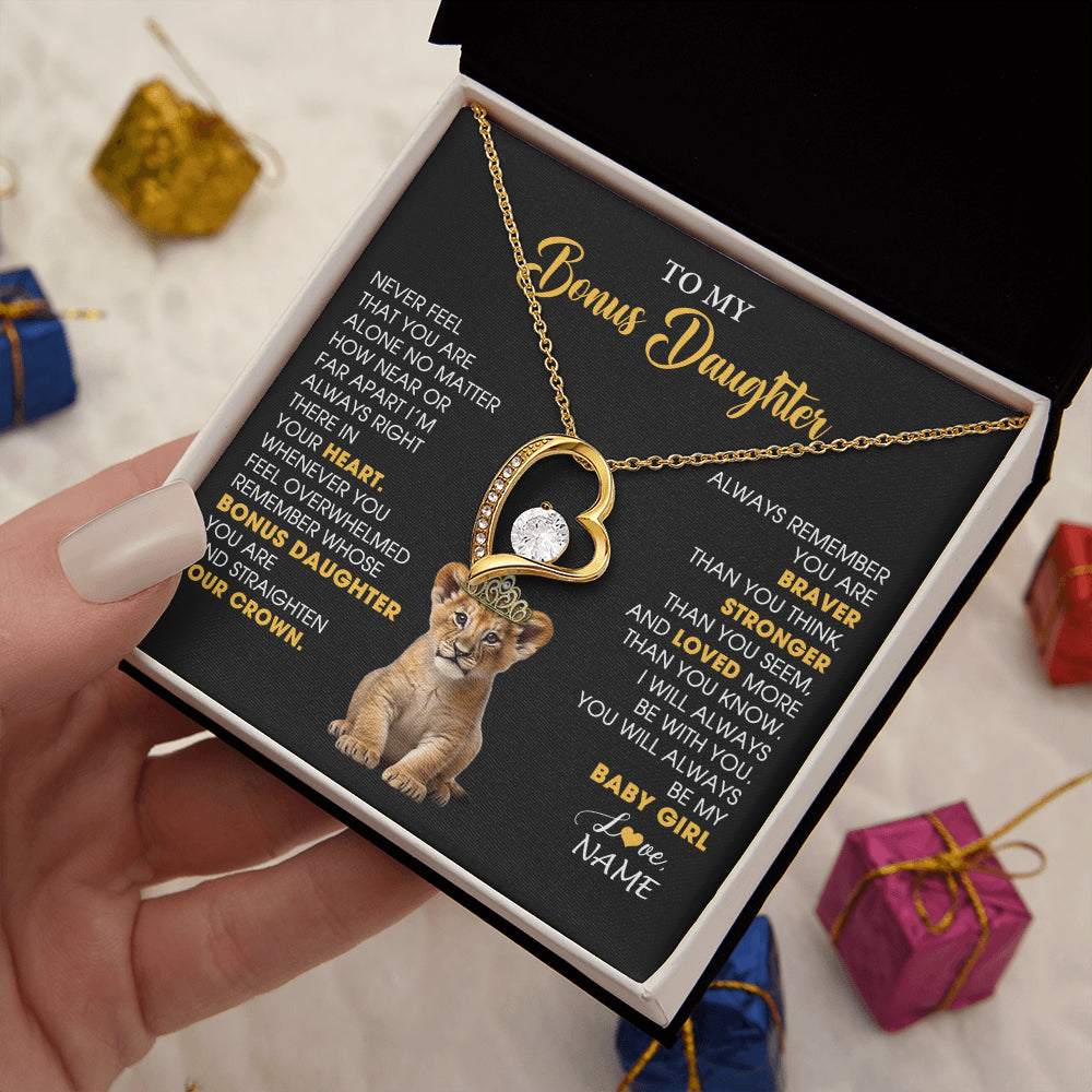 Forever Love Necklace 18K Yellow Gold Finish | 2 | Personalized To My Bonus Daughter Necklace From Stepmom Stepdad Never Feel You Are Alone Lion Birthday Gift Stepddaughter Christmas Gift Box Message Card | teecentury
