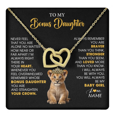 Interlocking Hearts Necklace 18K Yellow Gold Finish | 1 | Personalized To My Bonus Daughter Necklace From Stepmom Stepdad Never Feel You Are Alone Lion Birthday Gift Stepddaughter Christmas Gift Box Message Card | teecentury