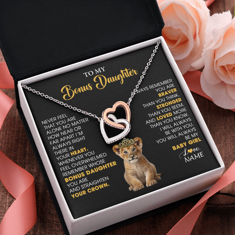 Interlocking Hearts Necklace Stainless Steel & Rose Gold Finish | 2 | Personalized To My Bonus Daughter Necklace From Stepmom Stepdad Never Feel You Are Alone Lion Birthday Gift Stepddaughter Christmas Gift Box Message Card | teecentury