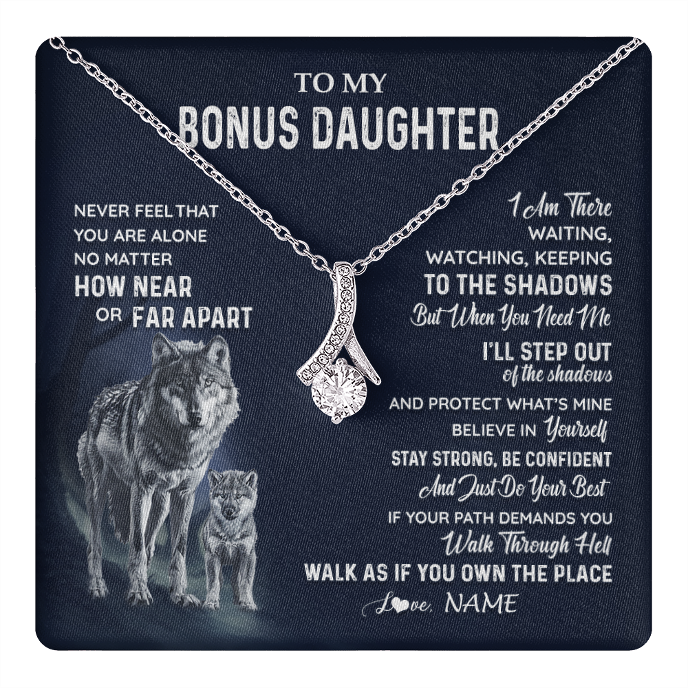 Alluring Beauty Necklace 14K White Gold Finish | 1 | Personalized To My Bonus Daughter Necklace From Stepmom Stepdad Never Feel You Are Alone Wolf Stepdaughter Birthday Christmas Customized Gift Box Message Card | teecentury