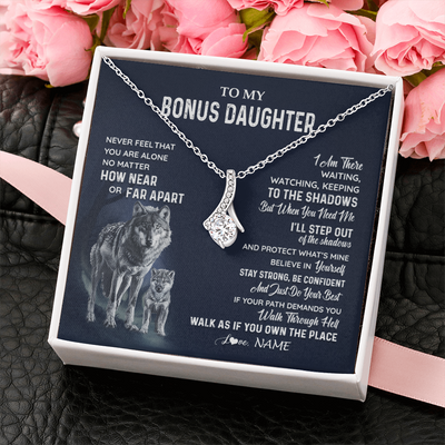 Alluring Beauty Necklace 14K White Gold Finish | 2 | Personalized To My Bonus Daughter Necklace From Stepmom Stepdad Never Feel You Are Alone Wolf Stepdaughter Birthday Christmas Customized Gift Box Message Card | teecentury