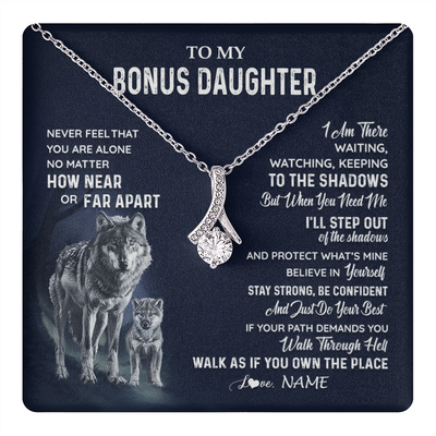 Alluring Beauty Necklace 14K White Gold Finish | 1 | Personalized To My Bonus Daughter Necklace From Stepmom Stepdad Never Feel You Are Alone Wolf Stepdaughter Birthday Christmas Customized Gift Box Message Card | teecentury
