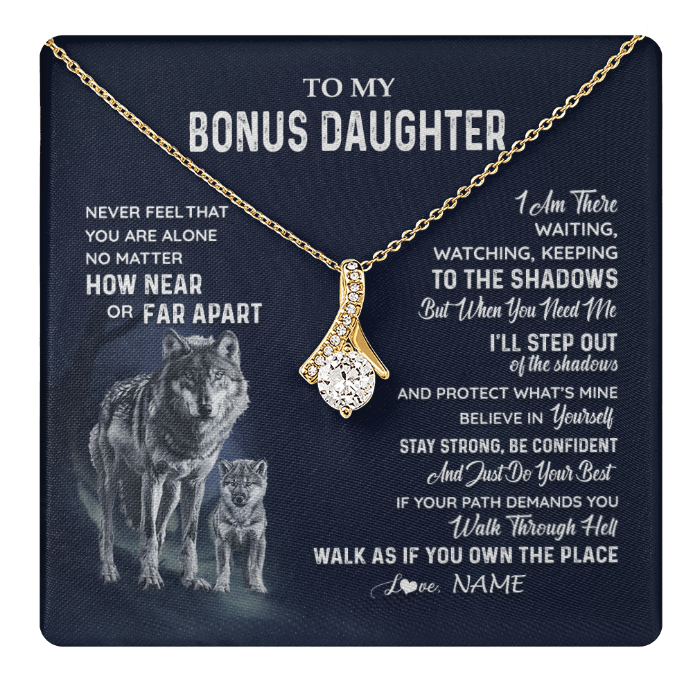 Alluring Beauty Necklace 18K Yellow Gold Finish | 1 | Personalized To My Bonus Daughter Necklace From Stepmom Stepdad Never Feel You Are Alone Wolf Stepdaughter Birthday Christmas Customized Gift Box Message Card | teecentury