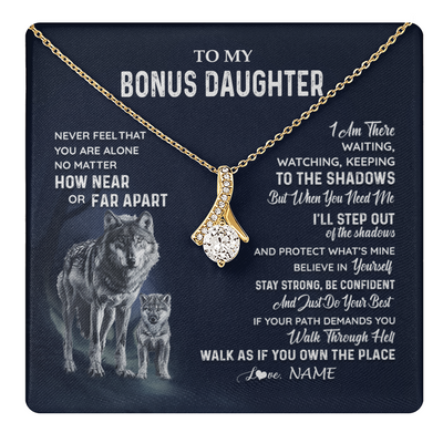 Alluring Beauty Necklace 18K Yellow Gold Finish | 1 | Personalized To My Bonus Daughter Necklace From Stepmom Stepdad Never Feel You Are Alone Wolf Stepdaughter Birthday Christmas Customized Gift Box Message Card | teecentury
