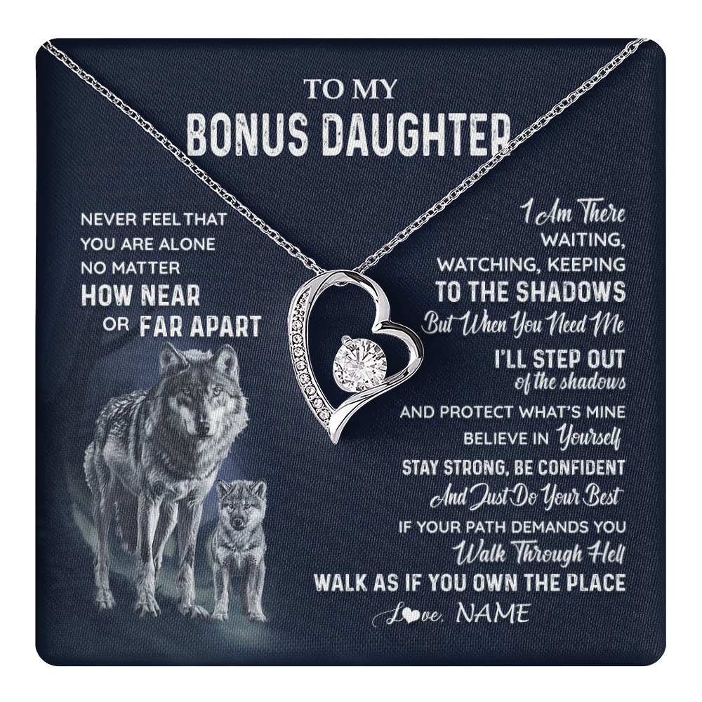 Forever Love Necklace 14K White Gold Finish | 1 | Personalized To My Bonus Daughter Necklace From Stepmom Stepdad Never Feel You Are Alone Wolf Stepdaughter Birthday Christmas Customized Gift Box Message Card | teecentury
