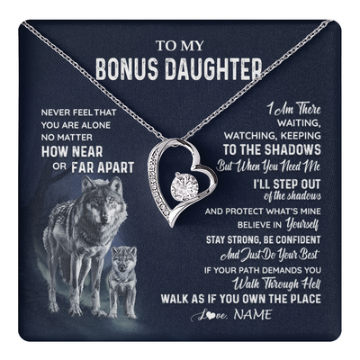 Forever Love Necklace 14K White Gold Finish | 1 | Personalized To My Bonus Daughter Necklace From Stepmom Stepdad Never Feel You Are Alone Wolf Stepdaughter Birthday Christmas Customized Gift Box Message Card | teecentury