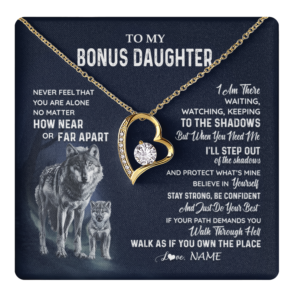 Forever Love Necklace 18K Yellow Gold Finish | 1 | Personalized To My Bonus Daughter Necklace From Stepmom Stepdad Never Feel You Are Alone Wolf Stepdaughter Birthday Christmas Customized Gift Box Message Card | teecentury
